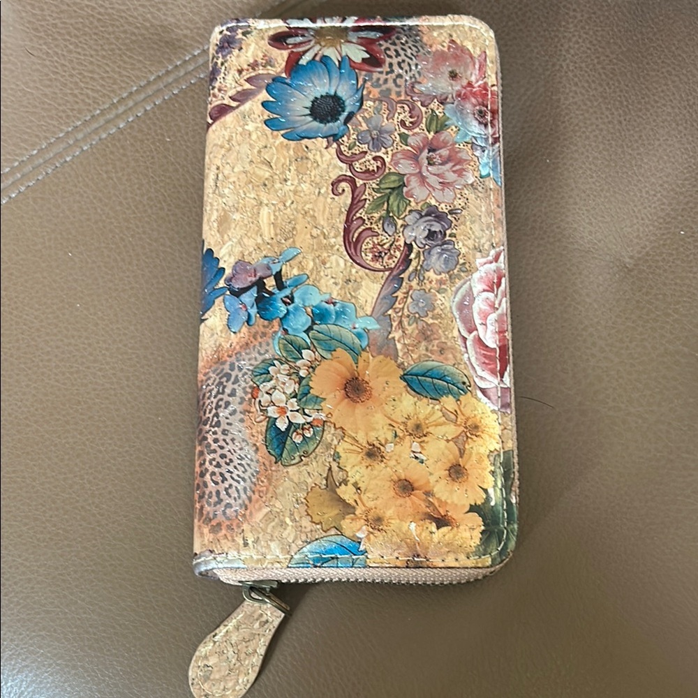 Floral Cork Wallet with Zipper